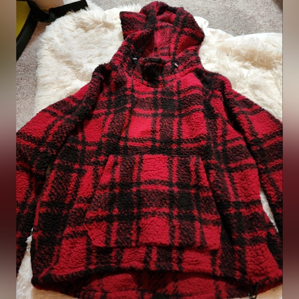 PINK Victoria's Secret Red and Black Plaid Sherpa Hoodie